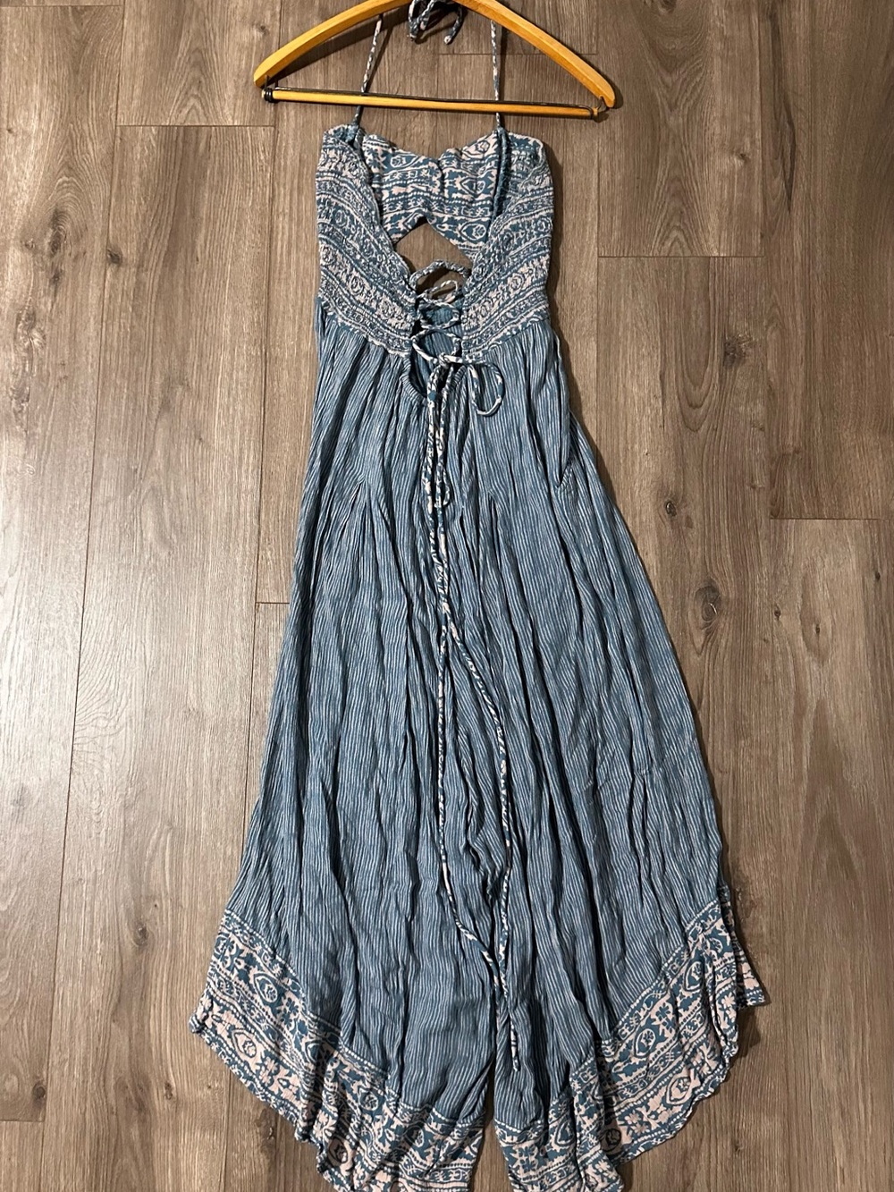 Free People Crystal Bay Jumpsuit Wide Leg Open Tied Halter Patterned BOHO - Picture 8 of 12